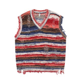 Y2K  Red / M Vintage Gradient Stripe Baggy Knitted Sweater Y2k Vest Washed Ripped Knitwears Tank Top Tie Dyeing V-Neck Sleeveless Pullovers