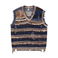 Y2K  Blue / M Vintage Gradient Stripe Baggy Knitted Sweater Y2k Vest Washed Ripped Knitwears Tank Top Tie Dyeing V-Neck Sleeveless Pullovers