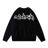 Y2K  black / S Jacquard Knitted Sweater Mens Autumn Winter Loose Casual Long Sleeve Sweater High Street Round Neck Pullover Men