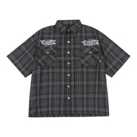 Y2K  black / M Letter Embroidery Loose Safari Short Sleeve Shirt Mens Summer Streetwear Lapel Casual Plaid Shirt Men